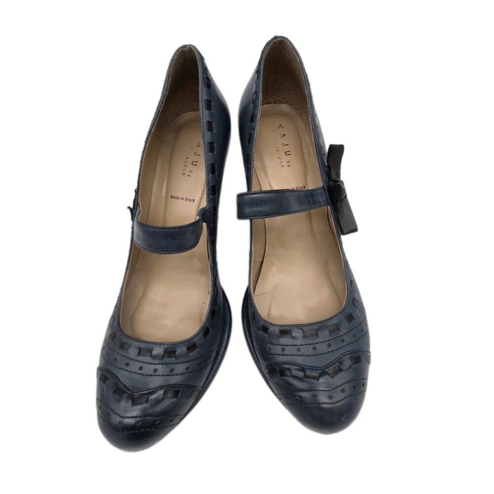 Kaju by AG Giraudon Blue Leather Mary Jane Heel Shoes Size 8.5 European Size 39